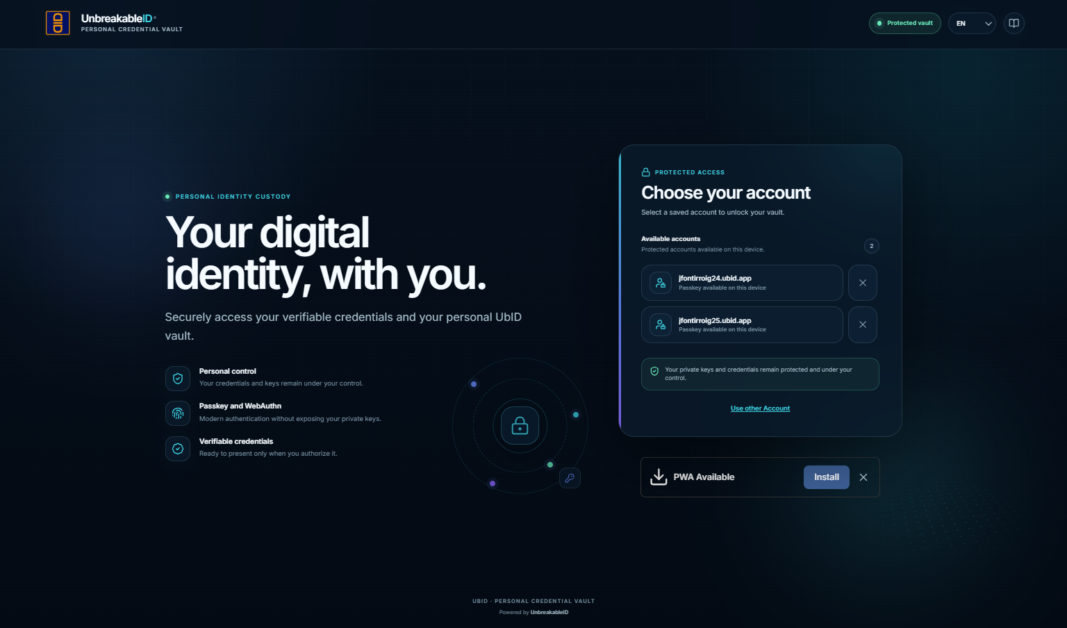 Choose a saved UbID Vault account