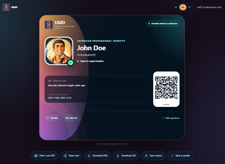 UbID digital professional card and export actions