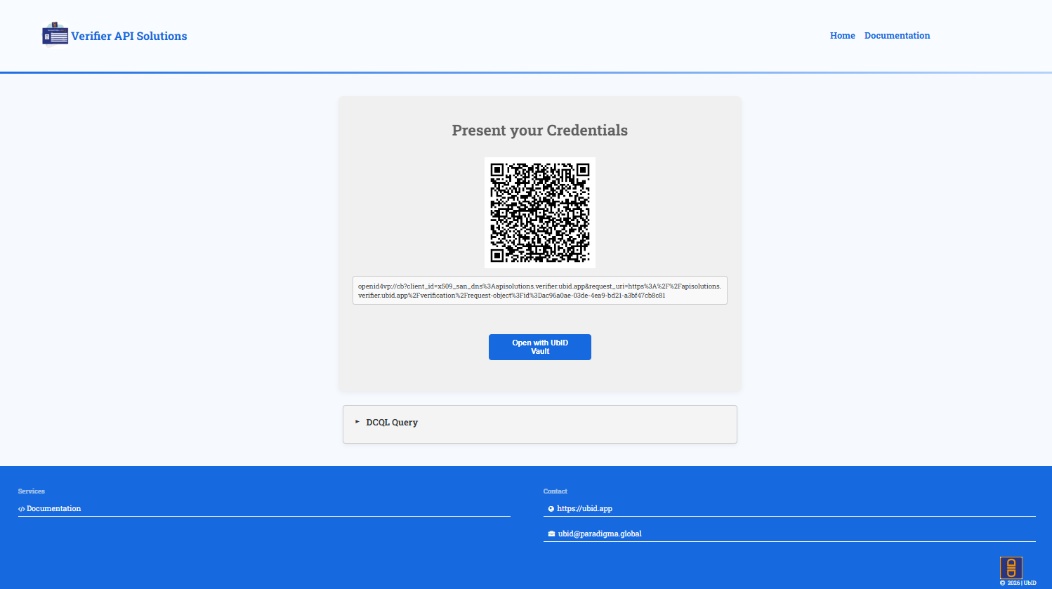 Verifier presentation request with QR code and Vault button