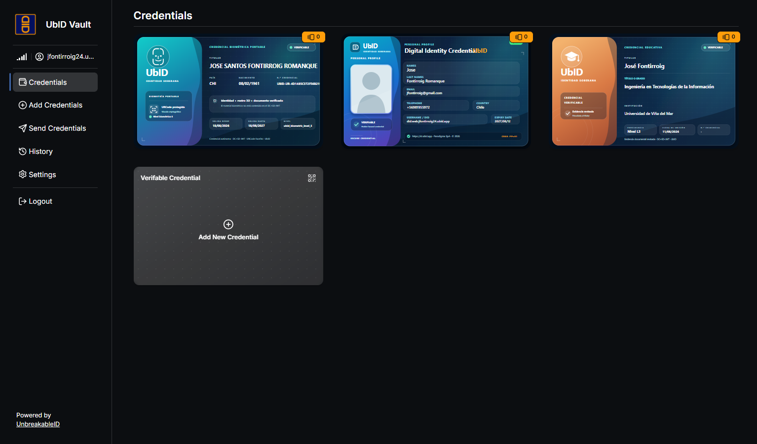 UbID Vault credential gallery