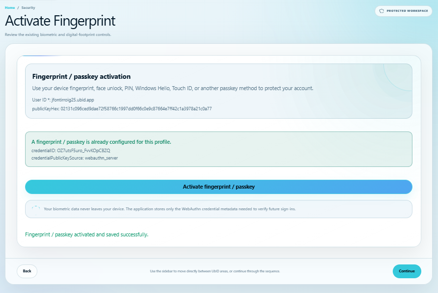 Fingerprint and passkey activation status