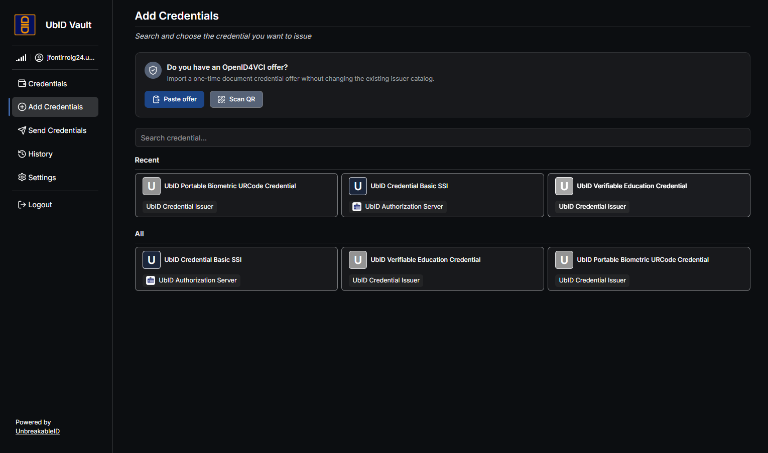 Catálogo Agregar credenciales de UbID Vault