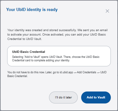 Identidad lista y opciones para agregarla al Vault