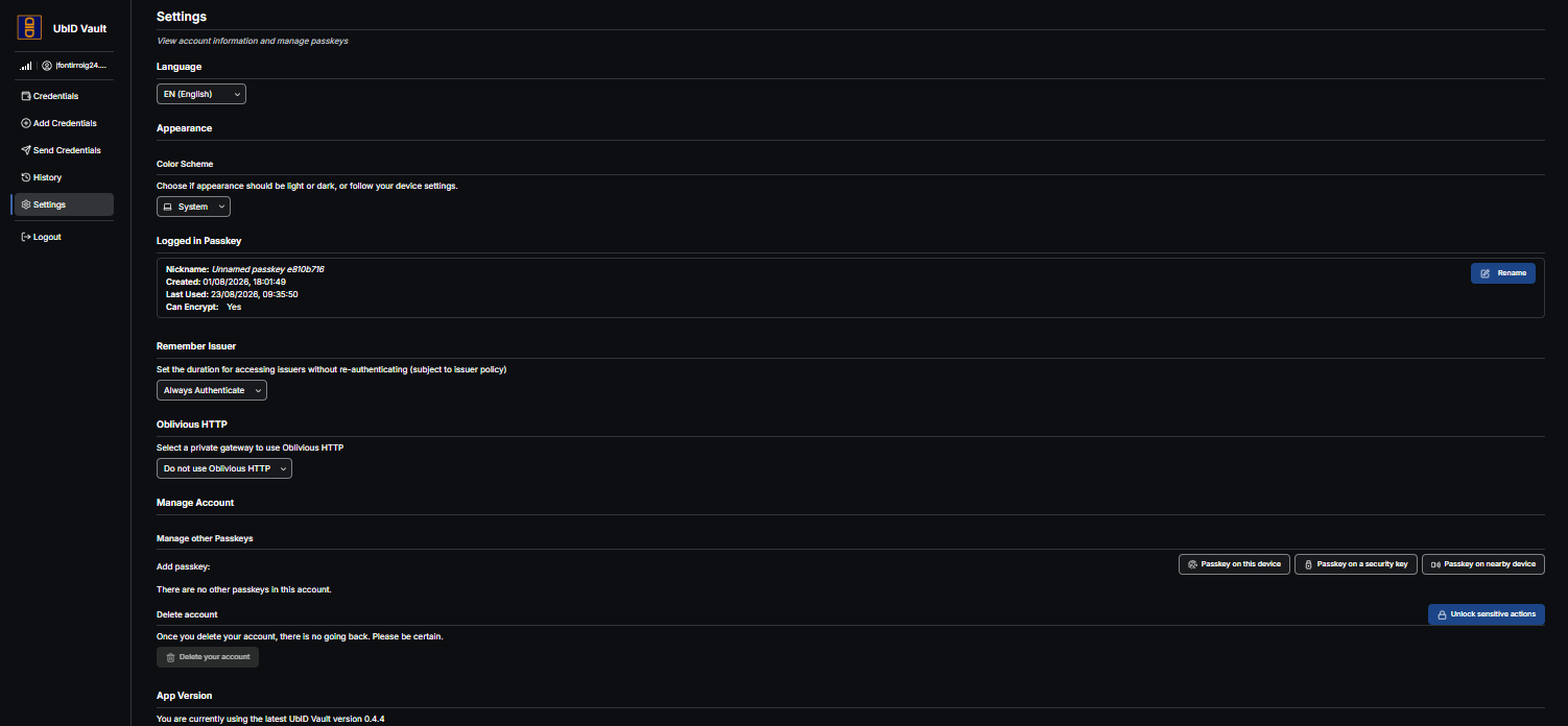 Configuración y administración de passkeys de UbID Vault