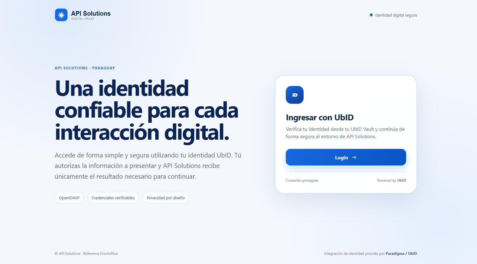 Página de acesso da API Solutions usando UbID