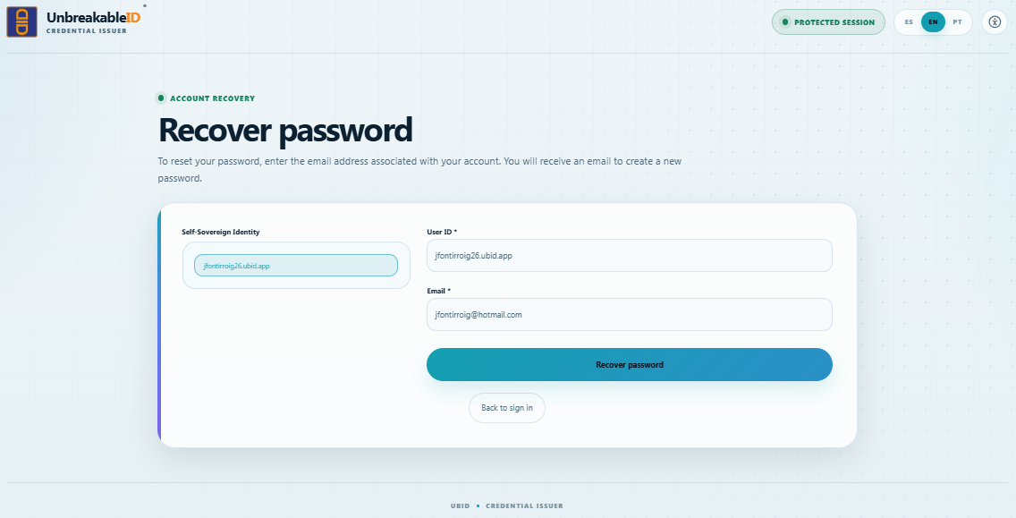 Formulário Recuperar senha com a identidade local, o ID do usuário e o e-mail cadastrado