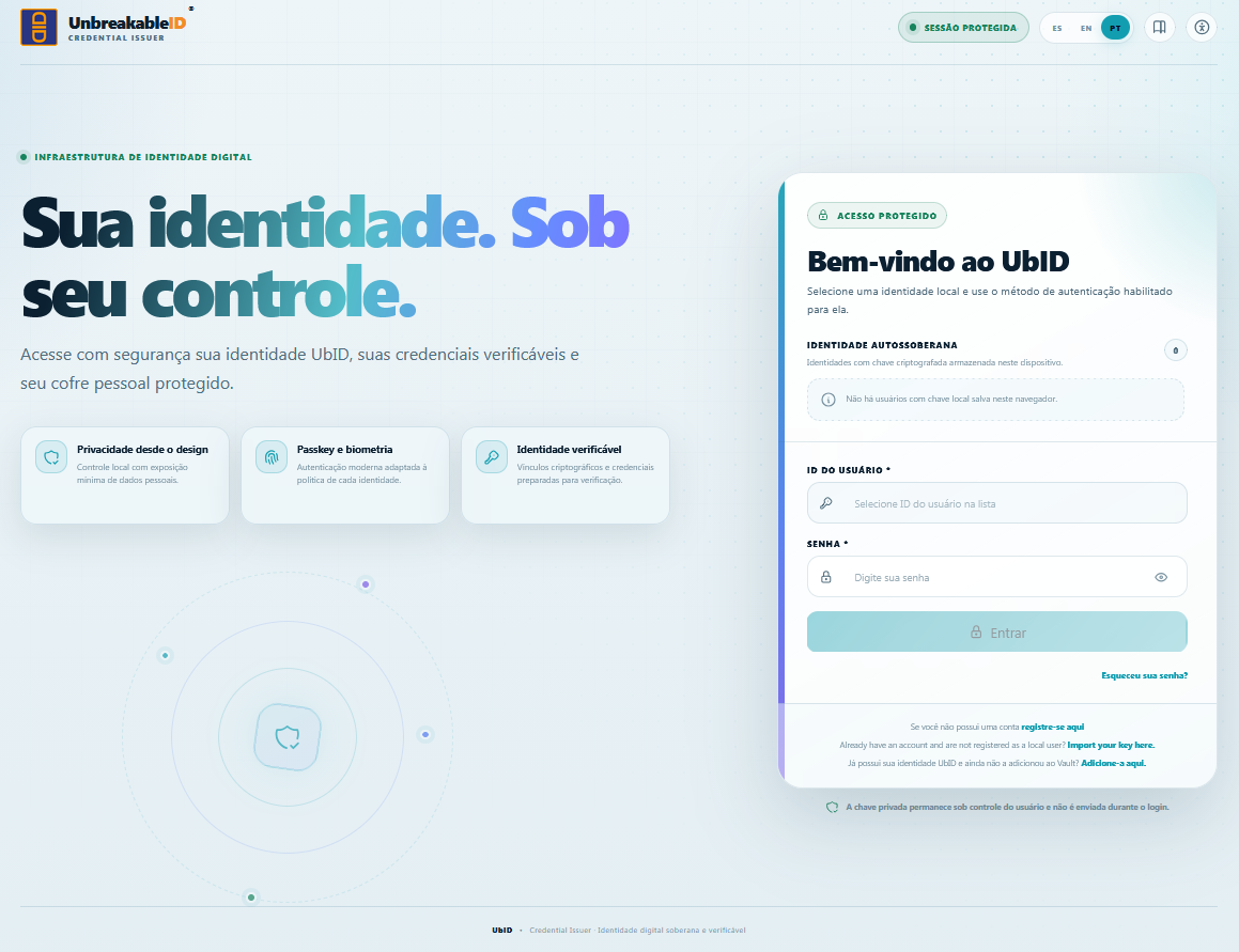 Tela de acesso do Issuer em português
