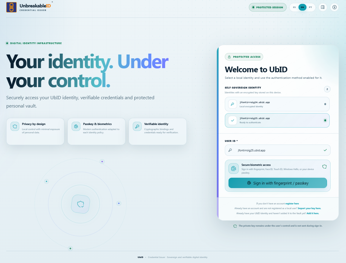 Login do UbID com impressão digital ou passkey