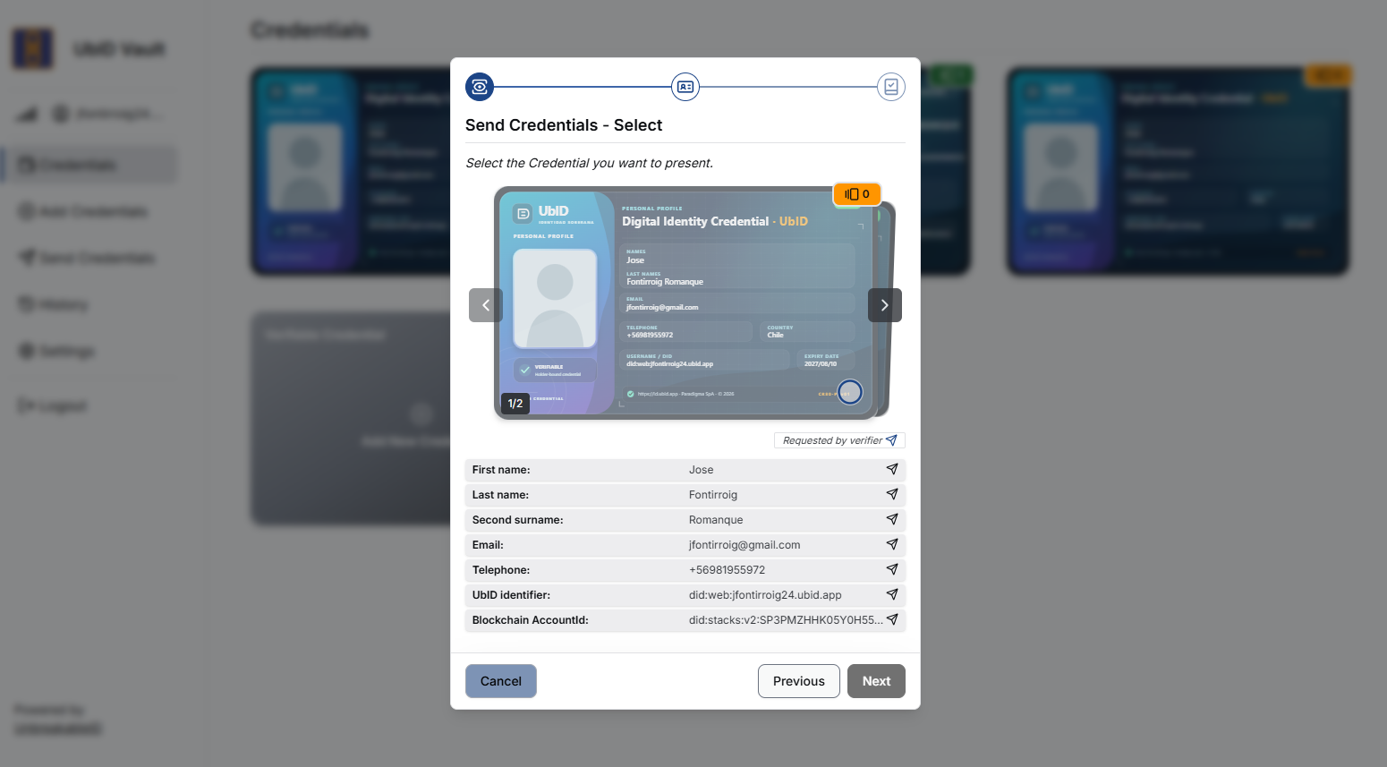 Vault verificando uma credencial para a solicitação do Verifier