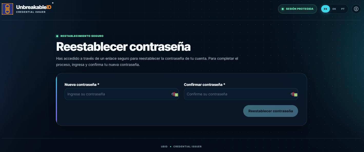 Página segura para informar e confirmar a nova senha